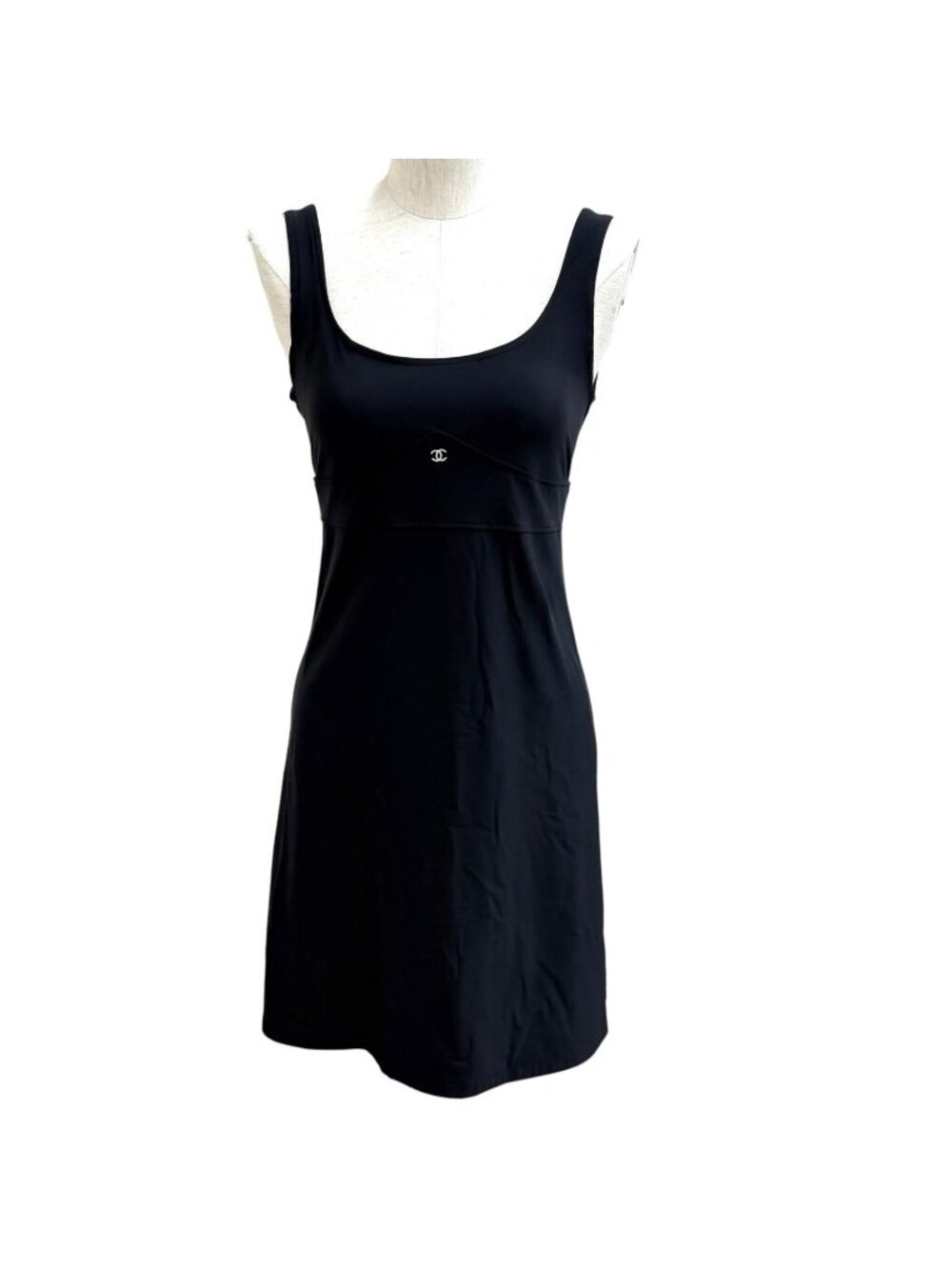 Chanel Vintage 97C CC Logo Embroidery Sleeveless Maillot Dress Black 38